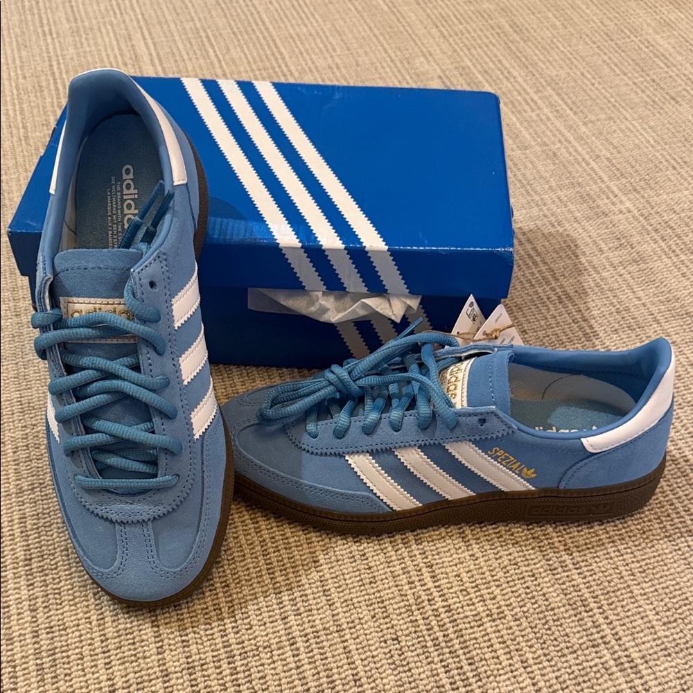 adidas Handball Spezial Blue Suede Sneakers with White Stripes